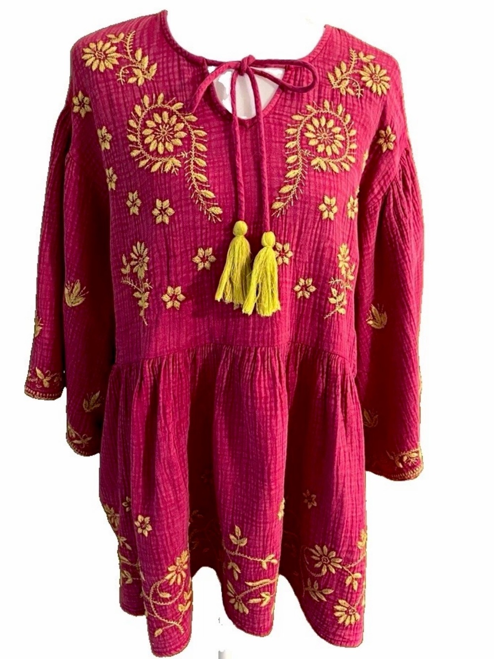 Sz M Ivy Jane Magenta Fuscia Embroidered w/ Mustard Florals Tunic Top Tassel Tie